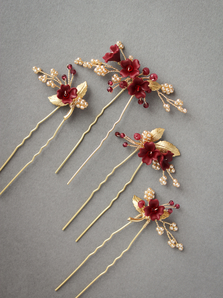 Regal Red And Gold Floral Hair Pins For Ella 4